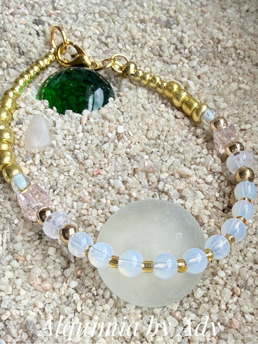 Moonstone Gold and White Opalescent Bead Bracelet